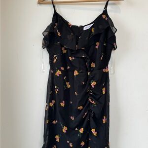 All in Favor Black Dress with Pink and Yellow Floral Accents